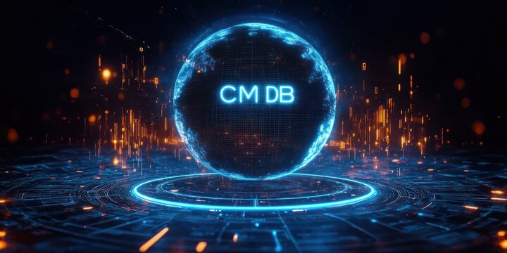 Futuristic glowing blue digital globe with neon circuit patterns and floating orange data streams in dark space, symbolizing advanced technology and data visualization - Powered by Adobe