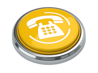 Yellow 3D Telephone Button with Silver Rim and White Icon call symbol isolated on a transparent background