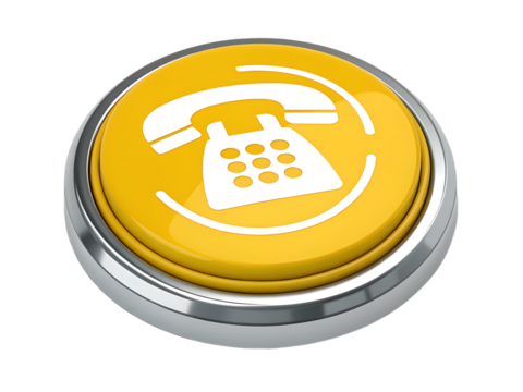 Yellow 3D Telephone Button with Silver Rim and White Icon call symbol isolated on a transparent background