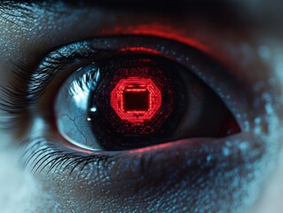 Close-up of a human eye with a futuristic red glowing digital interface reflected in the pupil, conveying a high-tech and intense atmosphere