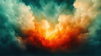 Fototapeta premium Dramatic sky filled with vibrant orange, yellow, and teal clouds creating a fiery, glowing effect with a sense of energy and awe