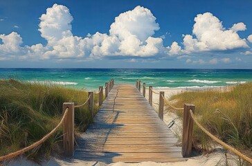 Wooden walkway bordered by rope fences leading through sand dunes with grass towards a turquoise ocean under a blue sky with large fluffy white clouds