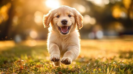 happy golden retriever puppy running joyfully towards the camera on grass with warm sunlight background