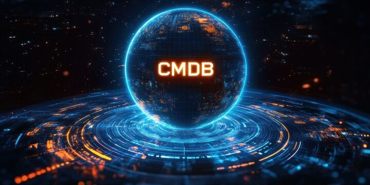 Glowing digital globe labeled with letters surrounded by circular futuristic interface emitting blue and orange light in a dark space environment - Powered by Adobe