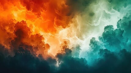 dramatic vibrant clouds with fiery orange hues blending into cool teal and dark shadows creating a surreal and intense sky atmosphere