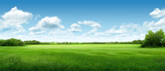 The expansive green field under a bright blue sky with fluffy clouds.