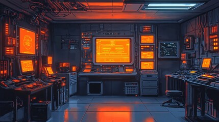 Dark command center with glowing retro computer terminals