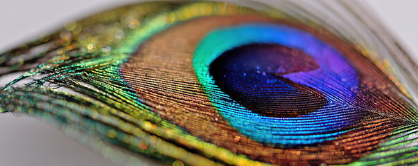 Fototapeta premium Vibrant close-up of a peacock feather displaying iridescent colors and intricate patterns in natural light