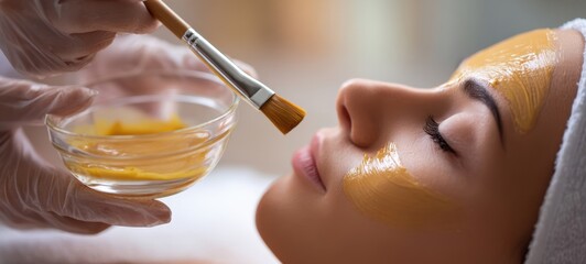 The serene woman enjoying a facial treatment with a soothing yellow mask.