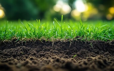 Close-up of fresh green grass growing from rich dark soil with blurred natural background and soft sunlight