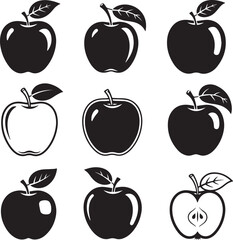 Black and white vector set of apple icons featuring whole apples, apples with leaves, and sliced apples in a minimal and clean design.