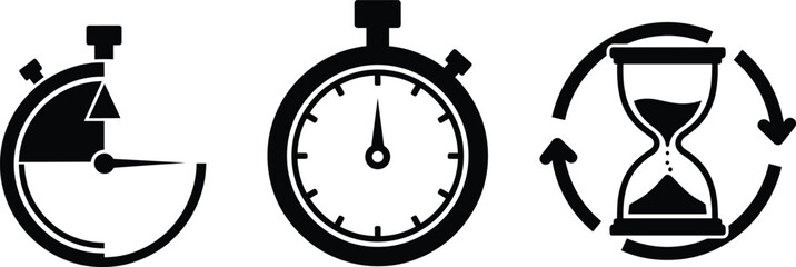 Stopwatch and hourglass icon set featuring timing intervals, minimal design, and cyclical time concepts for productivity and scheduling design projects