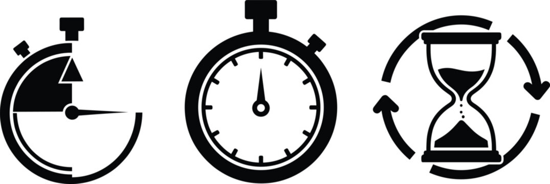 Stopwatch and hourglass icon set featuring timing intervals, minimal design, and cyclical time concepts for productivity and scheduling design projects