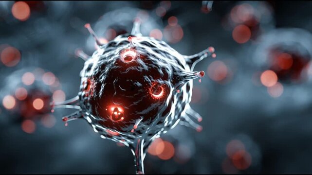 NK cell. Natural killer cell. Immunity. lymphocyte. Cytotoxic. Antibody. Perforin. Apoptosis. Close-up view of cells with a glowing effect in a dark background.