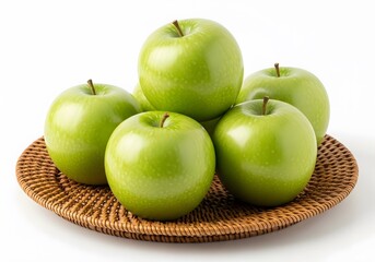 Pile of Fresh, Bright Green Apples on a Rustic Woven Tray Against a Clean White Background