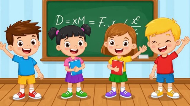 Happy group of school children smiling and waving hands while standing in classroom with chalkboard background illustration for education learning teamwork friendship childhood and academic concept