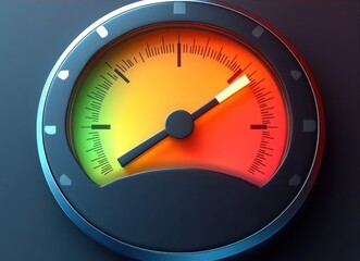 Close-up of a round gauge meter with a needle pointing to the high end of a color gradient from green to red indicating measurement levels or intensity