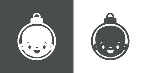 Decoración de Navidad. Logo con silueta de bola de navidad con cara de bebé chico sonriente para tarjetas y felicitaciones