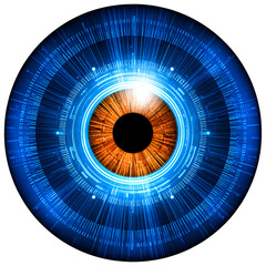 Intense digital eye with glowing blue circuits and warm amber iris