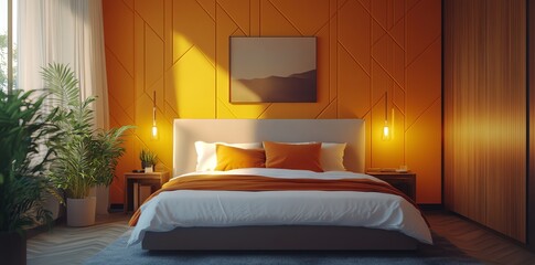 Modern Bedroom Interior with Orange Wall and Bed