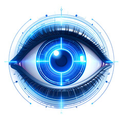 Futuristic digital eye with glowing blue targeting reticle, symbolizing advanced surveillance and technology.