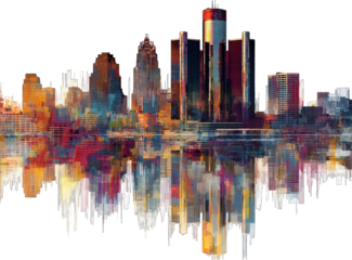 Colorful city skyline reflected in a wavy, abstract water surface
