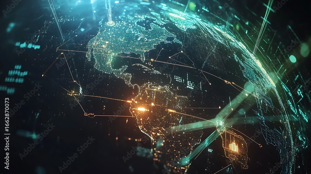 Poster digital earth globe with glowing connections and data visualization