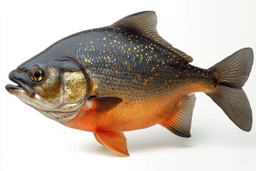 Obraz premium close-up of a single freshwater fish with dark scales and orange belly isolated on white background
