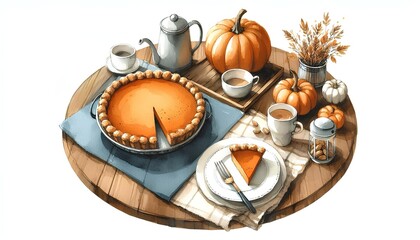 Pumpkin pie with tea, a cozy afternoon dessert, watercolor painting