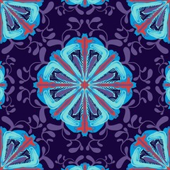 abstract seamless pattern,blue, purple, red curves and painted to create flowers shape,leaves with violet background in geometric patterns to as sarong,tile,printed fabric,batik,fabric,tablecloth 