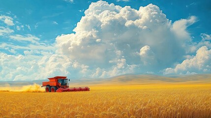 Obraz premium Red combine harvester working in a golden wheat field under a vast blue sky with large fluffy white clouds