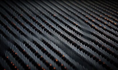 Close-up of a textured black surface with repeating elongated rectangular holes and subtle orange light glowing through the gaps, creating a futuristic and mysterious atmosphere