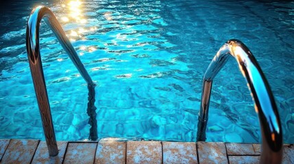 Obraz premium Clear blue swimming pool water with sunlight reflecting on the surface and metal handrails leading into the pool