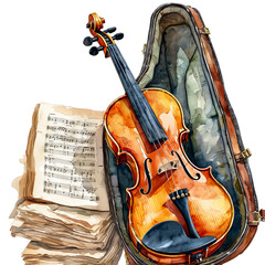 Fototapeta premium a watercolor painting depicts a vintage violin resting in its worn case beside a stack of aged sheet music.