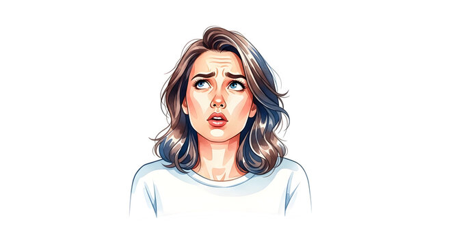 Cartoon woman looking up with worried expression .ai generative, transparent background, white background. isolated on white background, png, jpeg, jpg. - Powered by Adobe