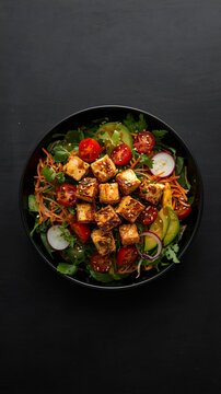 Healthy Tofu and Greens Salad in Black Bowl
