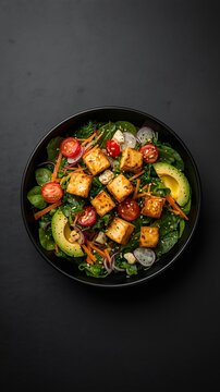 Healthy Tofu and Greens Salad in Black Bowl