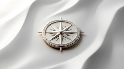 White compass rose resting on smooth white fabric with soft shadows and gentle folds evoking calm and clarity