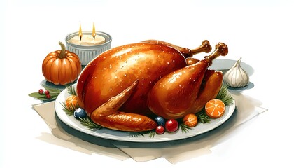 Roast chicken on the table, watercolor style