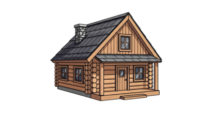 A cartoon log cabin with chimney and two windows    .ai generative, transparent background, white background. isolated on white background, png, jpeg, jpg.