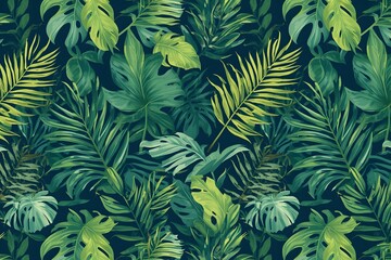 Vector light tropical leaves summer hawaiian seamless pattern with tropical green plants and leaves on navy blue background.