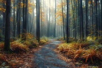 Obraz premium Winding forest trail surrounded by tall trees with orange and green foliage in soft morning light creating a peaceful and misty atmosphere