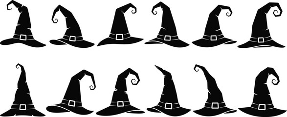 Witch hat vector set, black illustrations, magical headwear graphics, pointy hat designs, Halloween clipart, spooky costume elements, fantasy fashion icons