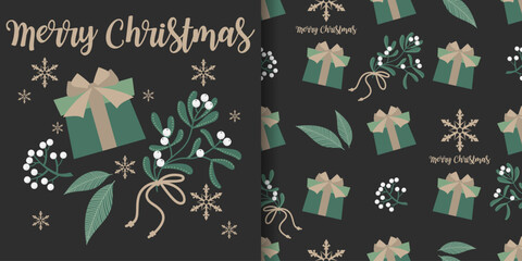 Christmas holiday banner and seamless pattern of green gift box with , white berries with leaves and snowflakes with Merry Christmas text on black background.