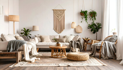 Bright living room with a sofa, armchair, rug, macrame wall hanging, plants, and natural light creating a cozy and inviting atmosphere.