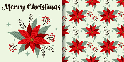 Christmas holiday banner and seamless pattern of Poinsettia with Merry Christmas text, Christmas flowers with leaves and berries on light background with stars.