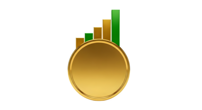 Gold coin with rising bar graph on black background    .ai generative, transparent background, white background. isolated on white background, png, jpeg, jpg.