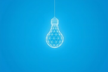 Low polygon light bulb wireframe mesh hanging on blue background.