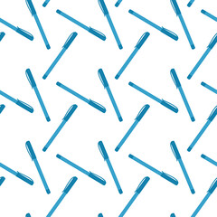 Seamless pattern for cover and background. Blue pen on white background. Vector illustration. Print for packaging and wrapping paper. Ornament with school supplies.