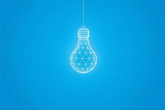 Low polygon light bulb wireframe mesh hanging on blue background.